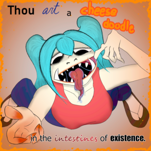 Orcsune eats a cheese doodle.