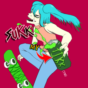 Orcsune riding a skateboard and drinking JIKK energy fluid.