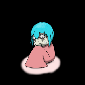 Orcsune crouched on the floor looking distraught.