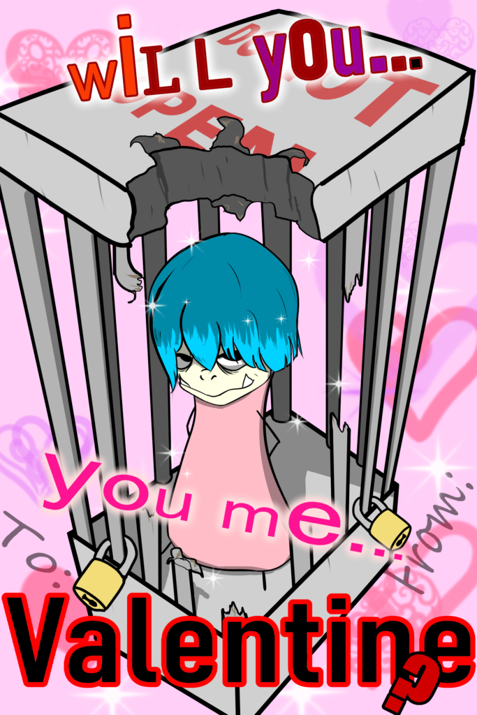 Orcsune standing in a damaged cage.